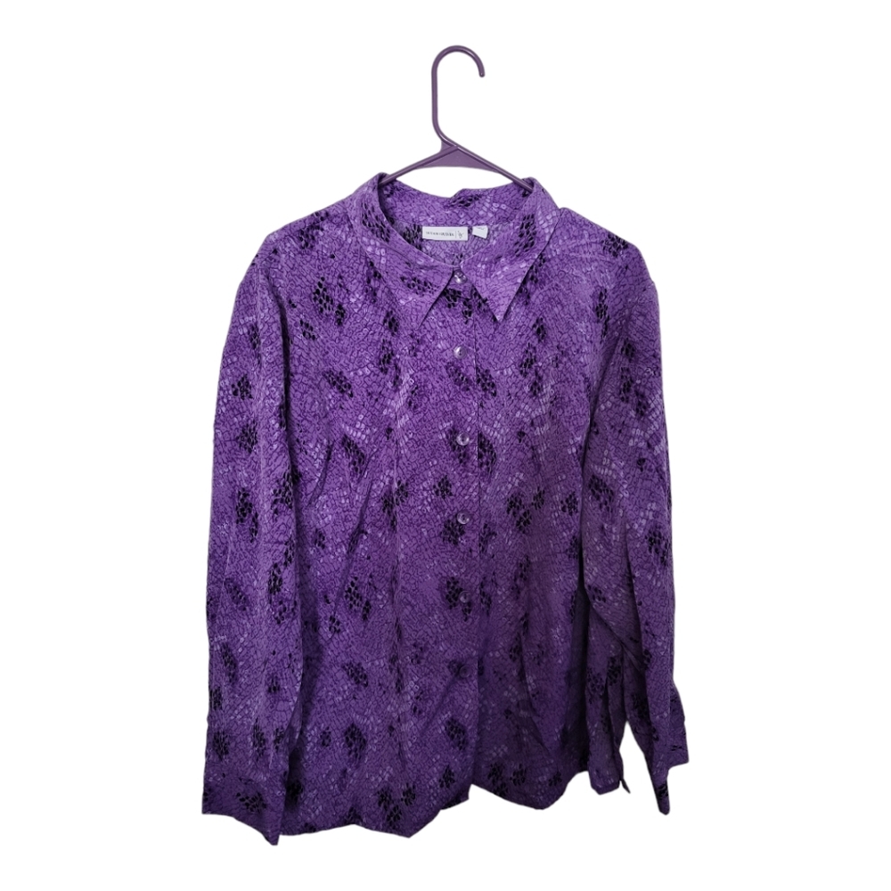 Susan Graver Collared Button Blouse Top Womens Plus Sz::1X Purple Printed Career